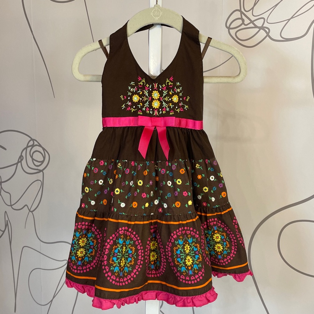 Blueberi Boulevard Brown Dress with Pink, Yellow & Teal Embroidery